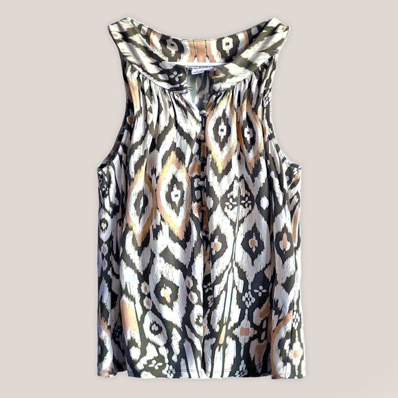 CALVIN KLEIN Patterned Cream, Orange, Brown Top | Sleeveless Button Blouse Shirt - Picture 1 of 7
